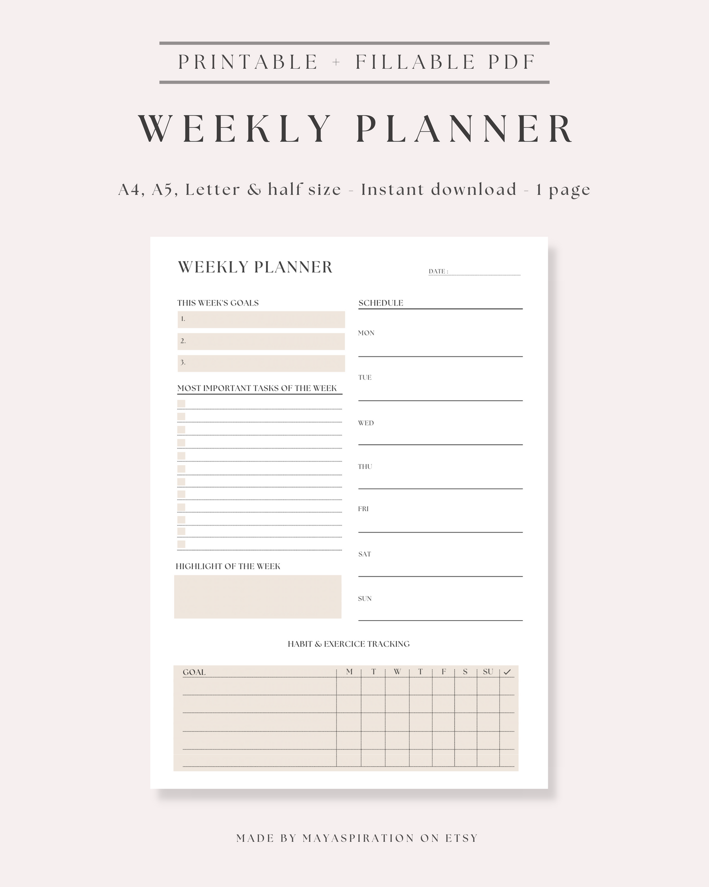 Plan for success - Weekly planner insert